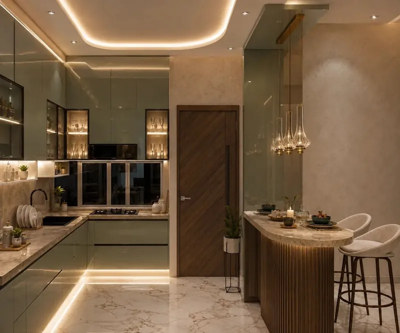 Kitchen & Breakfast Bar: a sage-glass kitchen opening to a curved, fluted-wood breakfast bar. DDA Apartment, Delhi.