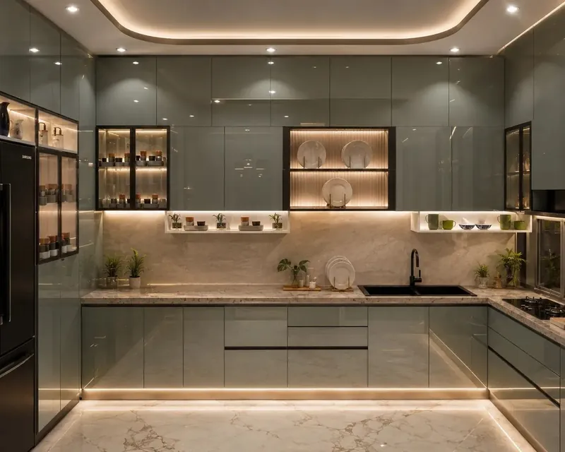 Kitchen Cabinetry: glossy sage cabinetry with warm, backlit display niches. DDA Apartment, Delhi.
