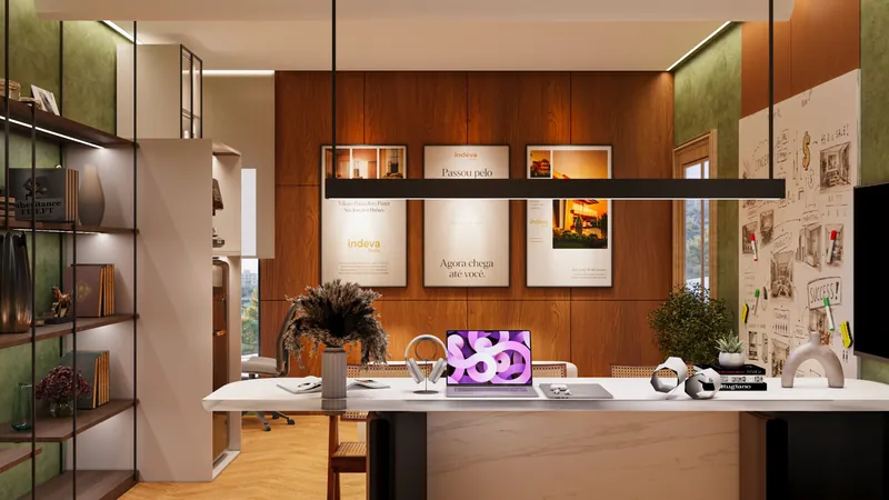 Art Wall: walnut panelling with 6 mm grooves and three framed prints behind the desk. Indéva Studio Office, Narela.