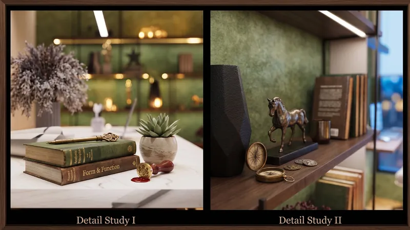 Detail Studies: close-up studies of the styling on the shelves and table. Indéva Studio Office, Narela.