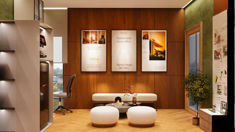 Seating Corner: white ottomans by the window, easy to move around when more people come in. Indéva Studio Office, Narela.