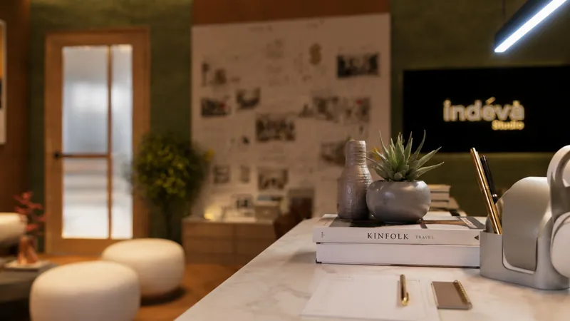 Details: stone top table, fluted glass door and the studio screen. Indéva Studio Office, Narela.