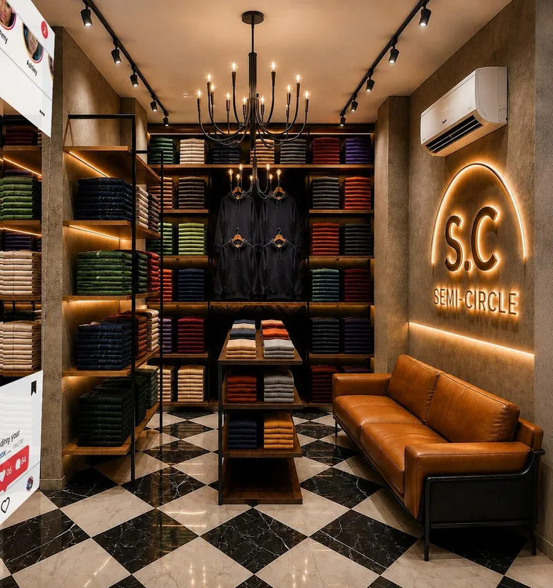 First-floor display: checkerboard marble floor with a central display table and leather sofa. Patel Nagar Retail Store, Patel Nagar, Delhi.