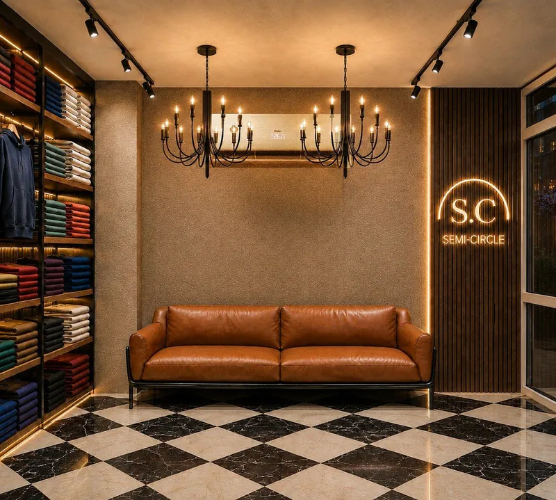 First-floor lounge: tan leather sofa, candle chandeliers and a backlit brand sign. Patel Nagar Retail Store, Patel Nagar, Delhi.