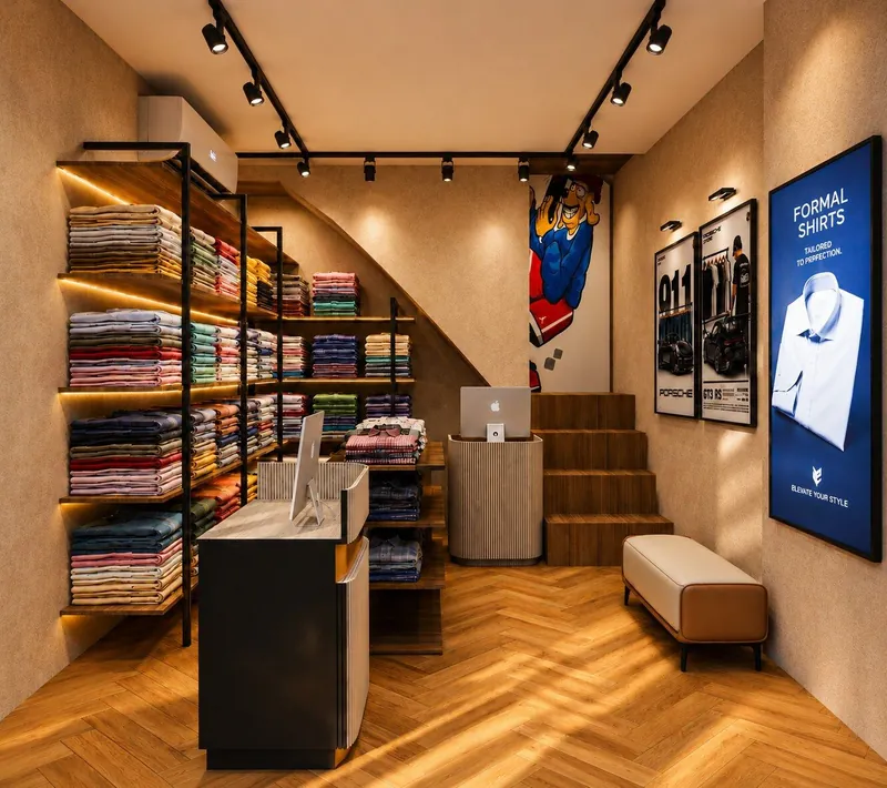 Ground floor: backlit metal shelving of folded shirts, cash counter and staircase on herringbone wood flooring. Patel Nagar Retail Store, Patel Nagar, Delhi.