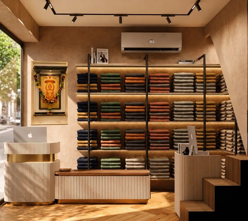 Shirt wall: folded shirts on backlit shelving behind a fluted cash counter. Patel Nagar Retail Store, Patel Nagar, Delhi.