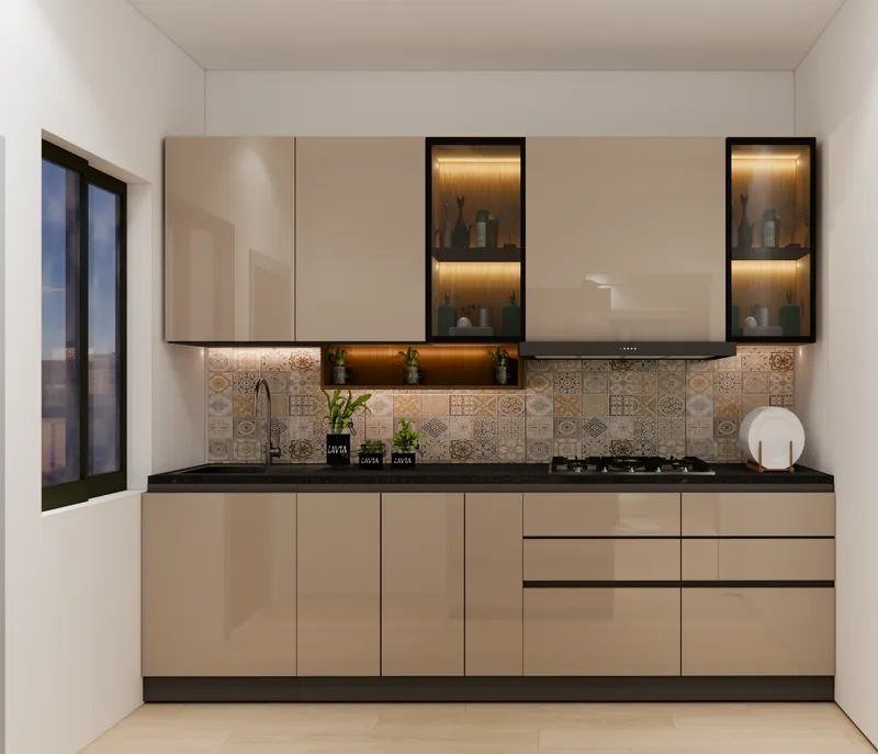 Apartment kitchen with clean-lined cabinetry. South Delhi Neo-Classical Residence (not in Noida).
