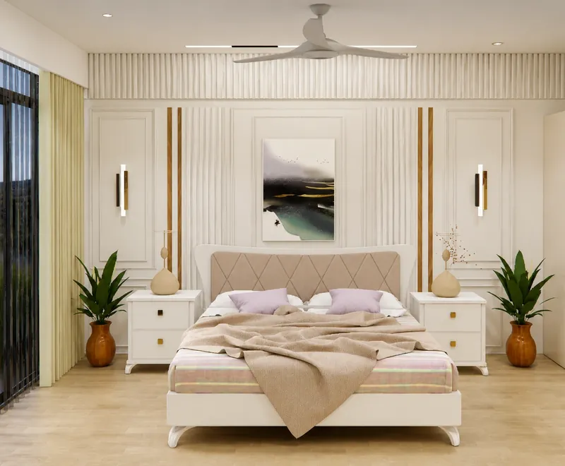 Master Bedroom: a calm, panelled backdrop to rest. South Delhi Neo-Classical Residence, South Delhi.