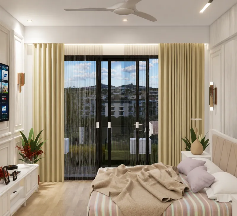 Master Bedroom — Balcony View: light drawn in from the balcony. South Delhi Neo-Classical Residence, South Delhi.