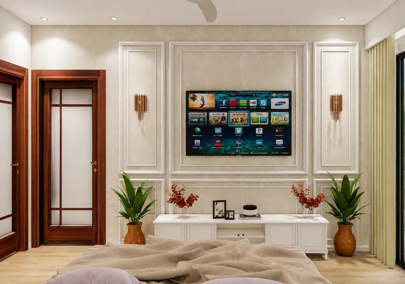 Master Bedroom — TV Unit: storage and media, resolved as one. South Delhi Neo-Classical Residence, South Delhi.