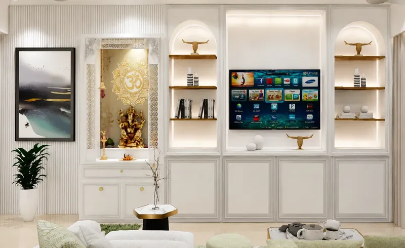 TV Unit & Pooja: media wall with an integrated pooja niche. South Delhi Neo-Classical Residence, South Delhi.