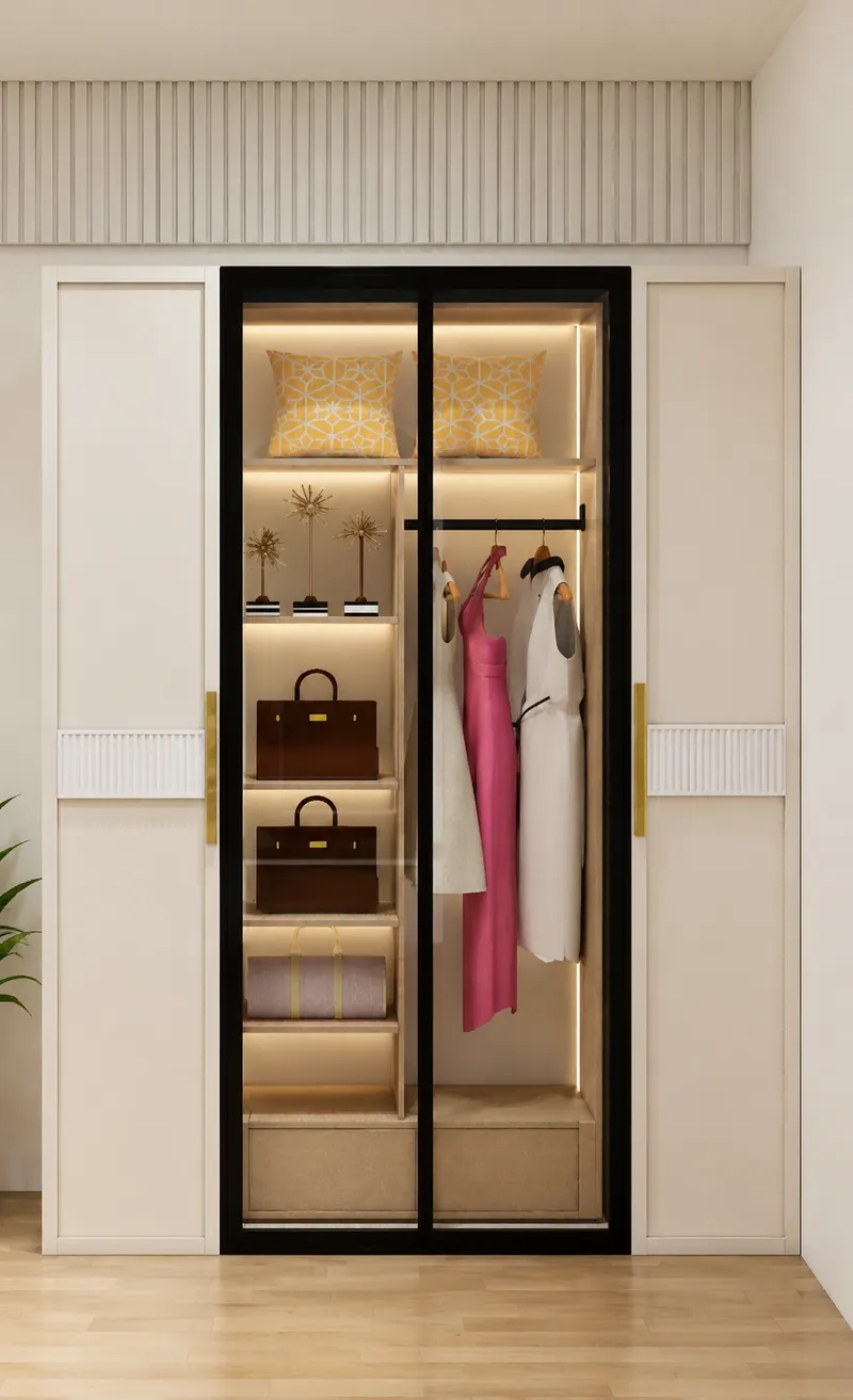 Wardrobe Interior: detailing inside the joinery. South Delhi Neo-Classical Residence, South Delhi.
