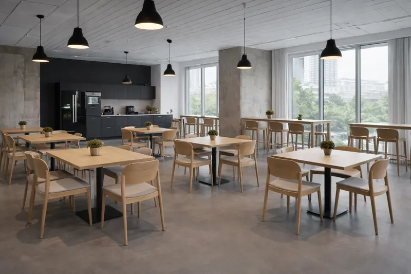 Cafeteria: informal gathering, formally resolved. Studio Workspace, Gurgaon.