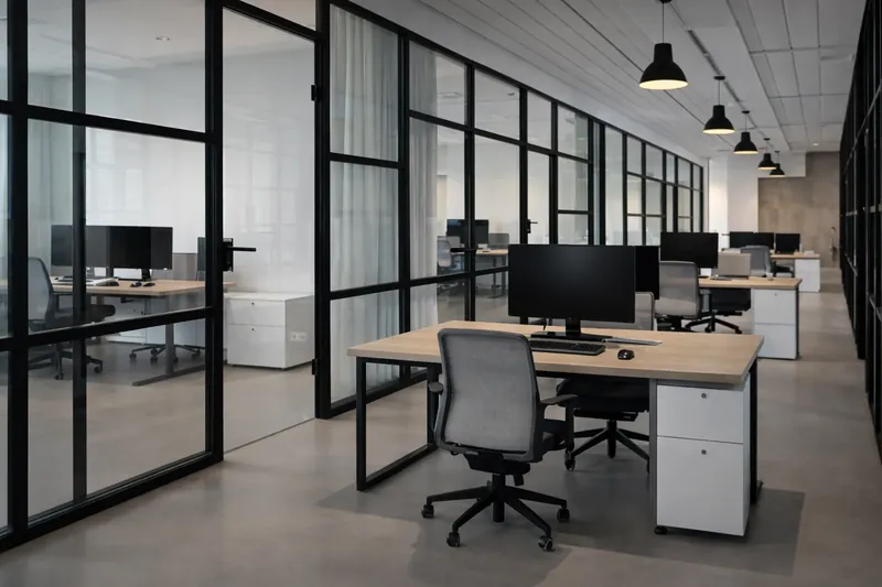 Workstation Zone: desks positioned for natural light. Studio Workspace, Gurgaon.