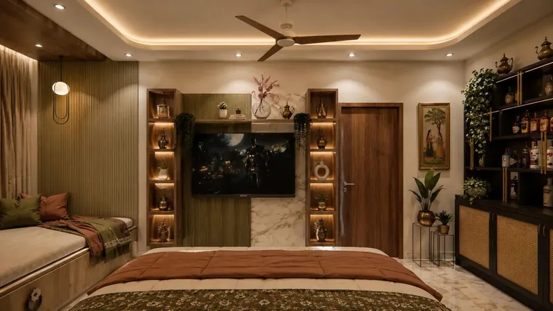 Bed Wall, Straight-On: arched upholstered headboard framed by brass pendant lighting. Vasant Kunj DDA Residence, Vasant Kunj, New Delhi.