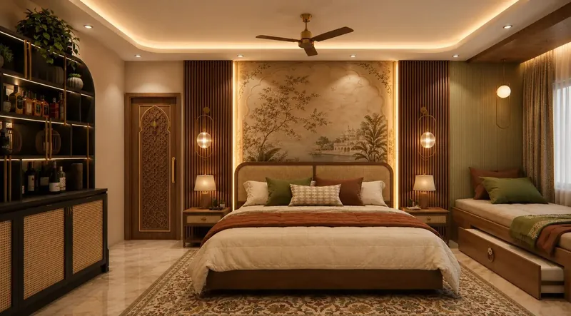 Mural Headboard Wall: rajasthani-inspired mural flanked by cane detailing and brass sconces. Vasant Kunj DDA Residence, Vasant Kunj, New Delhi.