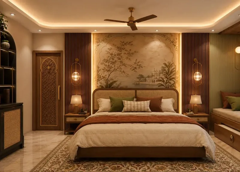 Parents' Bedroom — Full View: rajasthani mural, cane headboard, and layered warm lighting. Vasant Kunj DDA Residence, Vasant Kunj, New Delhi.