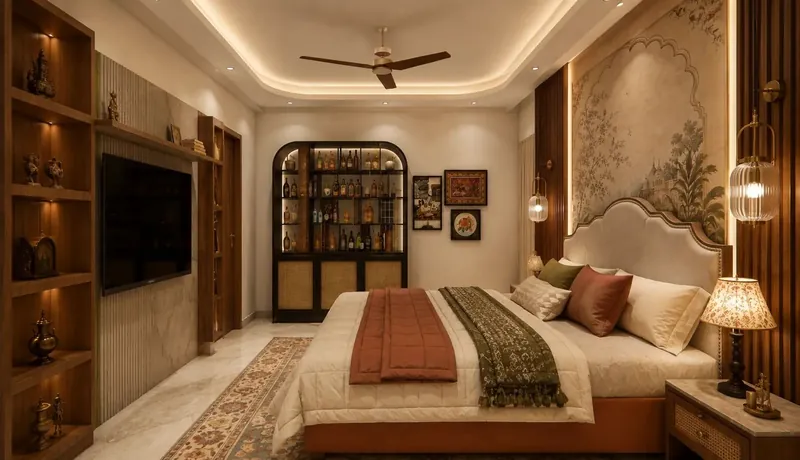 TV Unit Detail: olive fluted panel with marble inlay and display shelving. Vasant Kunj DDA Residence, Vasant Kunj, New Delhi.