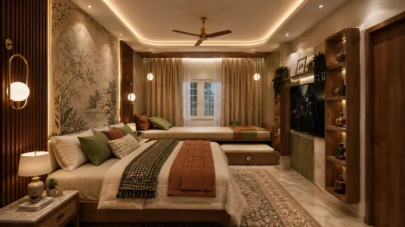 Window Seat & TV Wall: cane-front TV console beside a cushioned daybed. Vasant Kunj DDA Residence, Vasant Kunj, New Delhi.