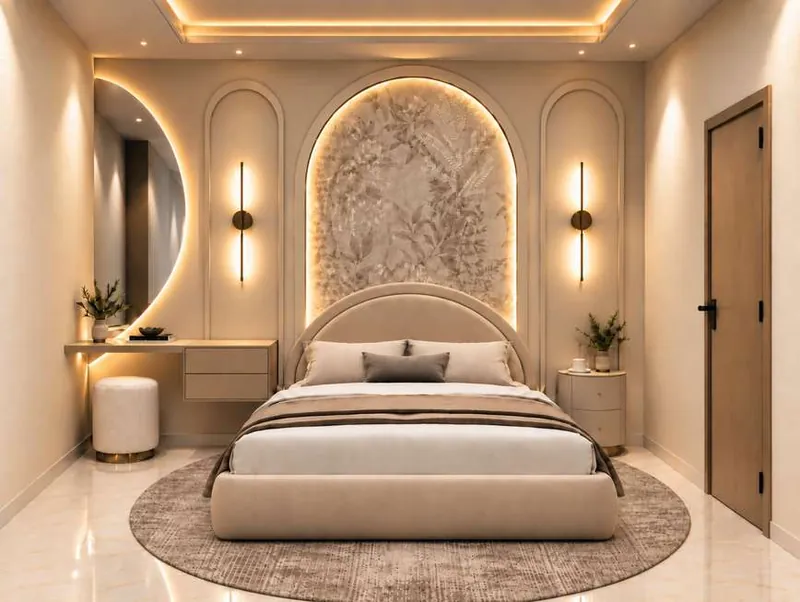 Daughter's Bedroom: an arched, backlit headboard wall with wall lights on either side. Villa Project, Narela, Delhi.