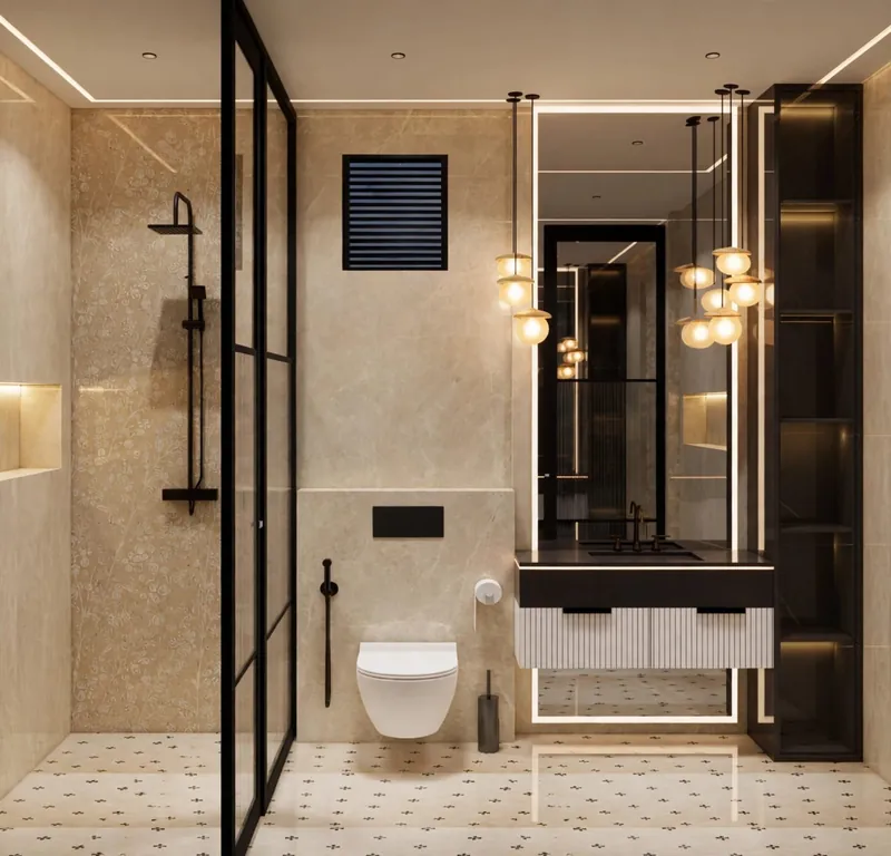 Daughter's Washroom: black-framed glass partition, backlit mirror and pendant lights. Villa Project, Narela, Delhi.