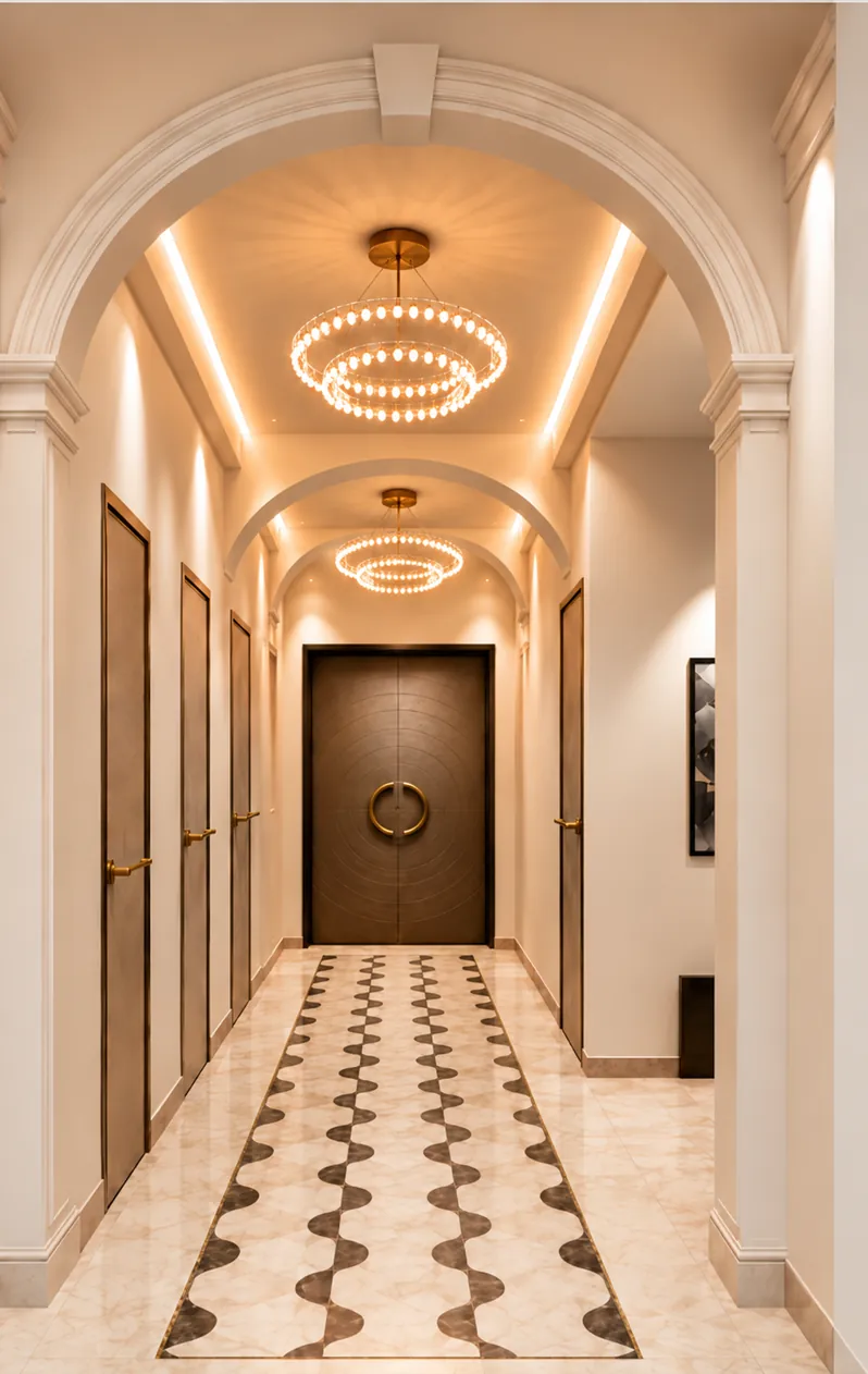 Entrance Lobby: a vaulted lobby with a patterned marble floor leading to the main door. Villa Project, Narela, Delhi.