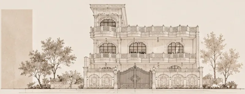 Elevation Sketch: the facade worked out as a sketch before the stone details were fixed. Villa Project, Narela, Delhi.