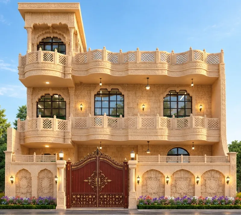 Front Elevation: three floors of Dholpur stone with chhatri details and arched openings. Villa Project, Narela, Delhi.