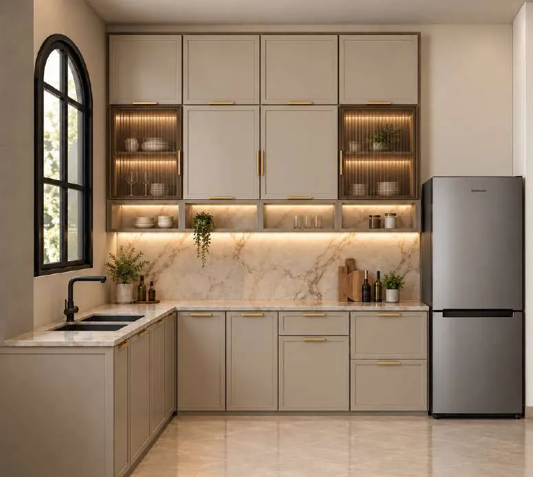 Kitchen, L-Shape: an L-shaped kitchen in soft grey with brass handles and an arched window. Villa Project, Narela, Delhi.