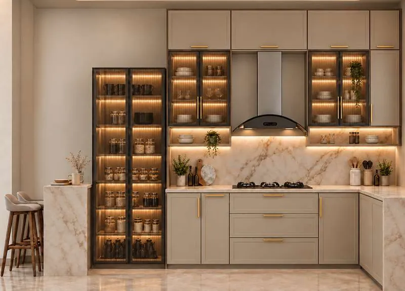 Kitchen: glass-fronted tall units with profile lighting and a marble backsplash. Villa Project, Narela, Delhi.