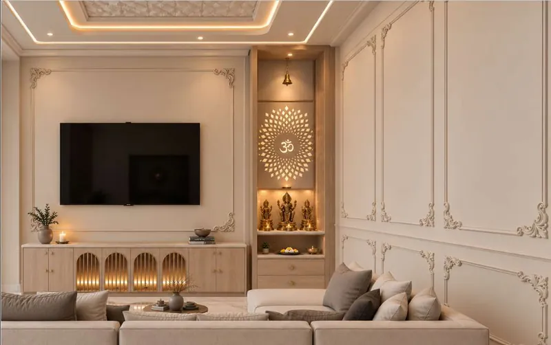 Living Room: tV wall with a backlit jaali mandir unit and wall mouldings. Villa Project, Narela, Delhi.