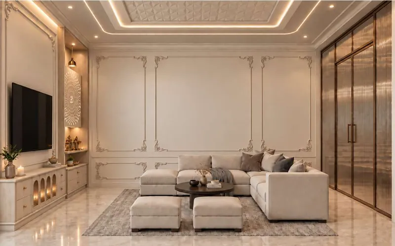 Living Room Seating: an L-shaped sofa, panelled walls and a full-height wardrobe in warm neutrals. Villa Project, Narela, Delhi.