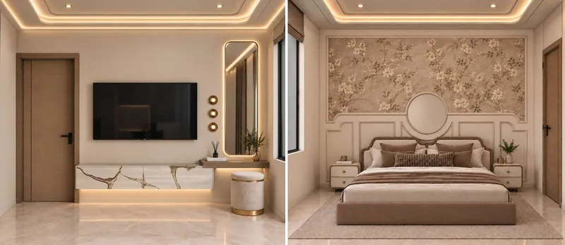 Master Bedroom: textured feature wall behind the bed and a TV wall opposite. Villa Project, Narela, Delhi.