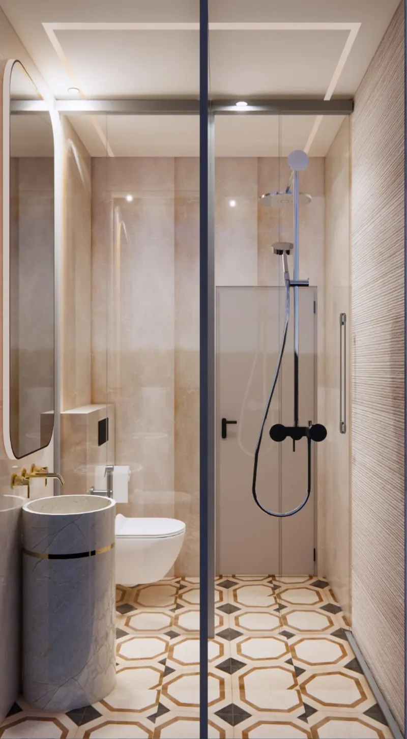 Parents' Washroom: a pedestal basin and walk-in shower on a patterned floor. Villa Project, Narela, Delhi.