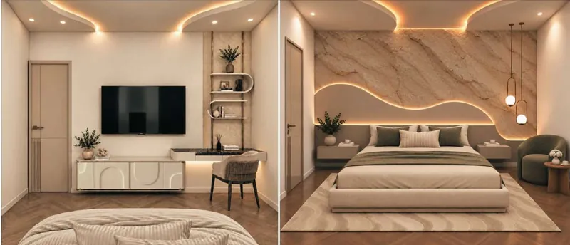 Son's Bedroom: a wave-patterned headboard wall, study desk and TV unit. Villa Project, Narela, Delhi.
