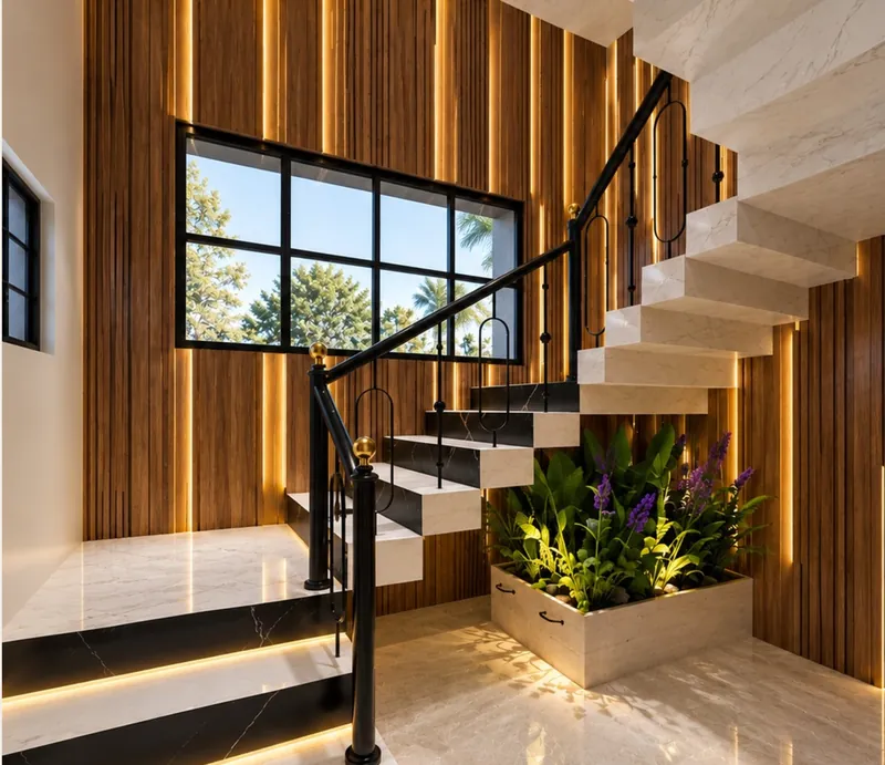 Staircase: granite treads, a black MS railing and tall wood-tone feature lines with warm light. Villa Project, Narela, Delhi.