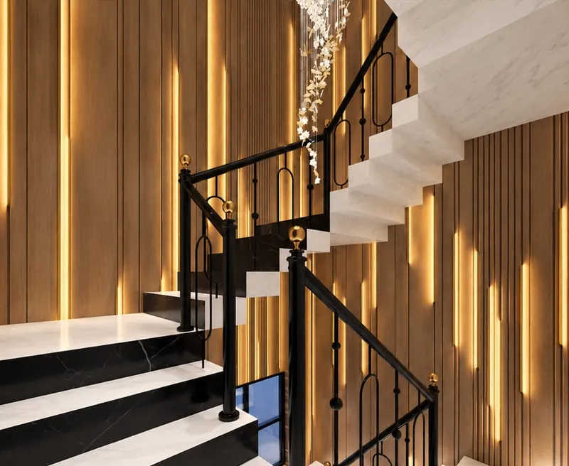 Staircase Lighting: light built into each tread and along the wall for a calm glow at night. Villa Project, Narela, Delhi.